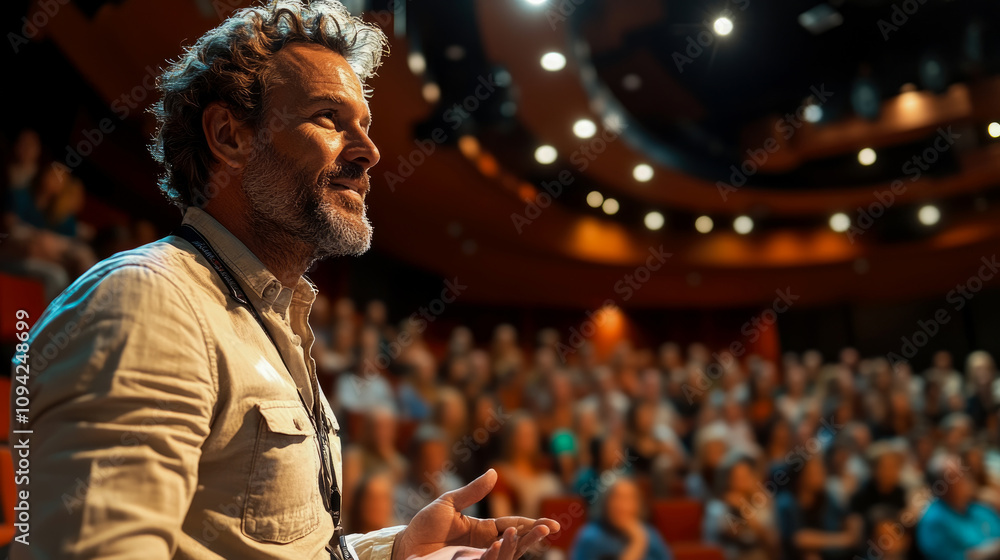 Fototapeta premium Speaker captivates an attentive audience with a powerful presentation in a well-lit auditorium space during an educational event