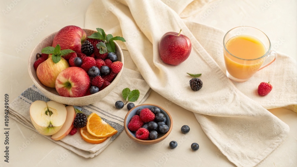 A delightful bowl of red apples and assorted berries, accompanied by a refreshing glass of juice and additional fruit A delightful bowl of red apples and assorted berries, accompanied by a refreshing glass of juice and additional fruit