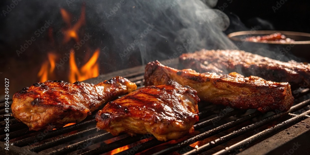 Delicious grilled meats sizzling on a hot grill with flames in the background Delicious grilled meats sizzling on a hot grill with flames in the background