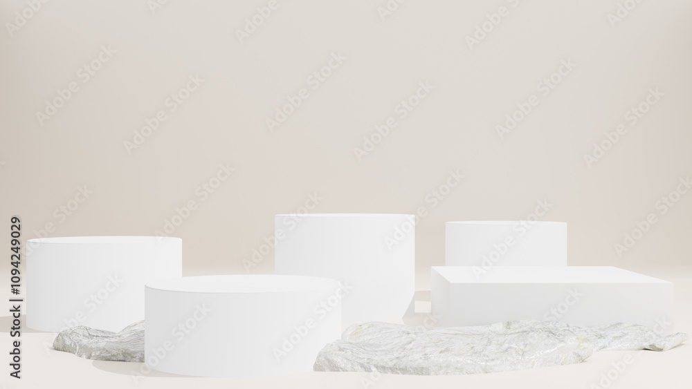 3d rendering. White geometric shapes podium and rock for premium products display, nature advertising cosmetic concept on white background. 3d rendering. White geometric shapes podium and rock for premium products display, nature advertising cosmetic concept on white background.