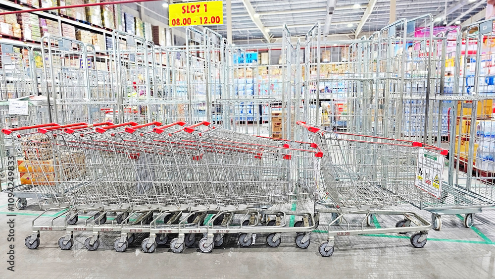 Obraz premium Shopping Carts in Warehouse: Rows of empty metal shopping carts and storage cages fill a spacious warehouse. A logistics of retail. Thailand, November 22, 2024