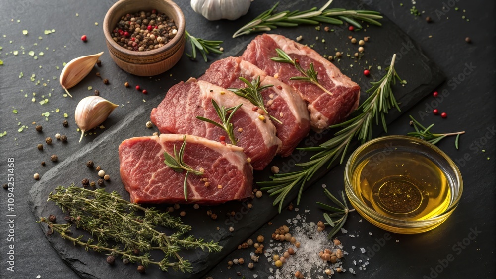 Raw lamb chops seasoned with herbs and spices on a dark stone board Raw lamb chops seasoned with herbs and spices on a dark stone board