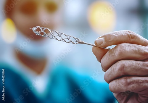 Close-Up of Medical Professional Holding a Coronary Stent, Demonstrating Advanced Techniques in Cardiology Procedure under Bright Operating Room Lights photo