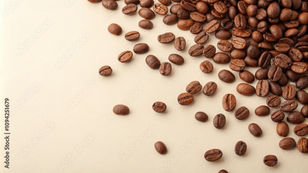 A scattering of roasted coffee beans on a beige background, perfect for coffee-themed designs and projects A scattering of roasted coffee beans on a beige background, perfect for coffee-themed designs and projects