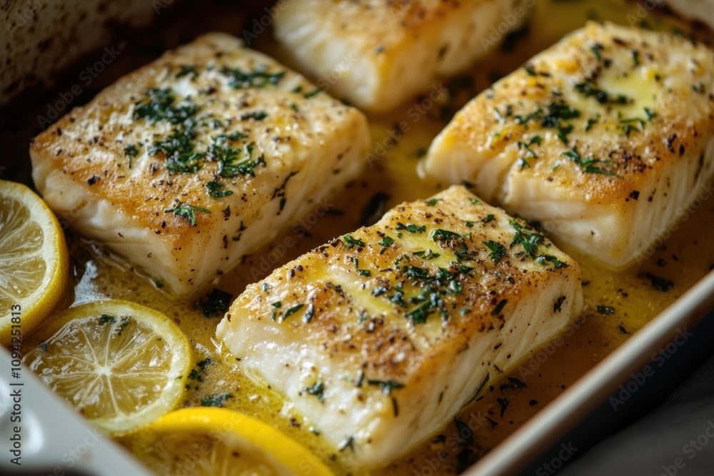 Baked cod fillets with lemon and herbs. Perfect for recipes, food blogs, and culinary websites showcasing delicious seafood dishes. Baked cod fillets with lemon and herbs. Perfect for recipes, food blogs, and culinary websites showcasing delicious seafood dishes.