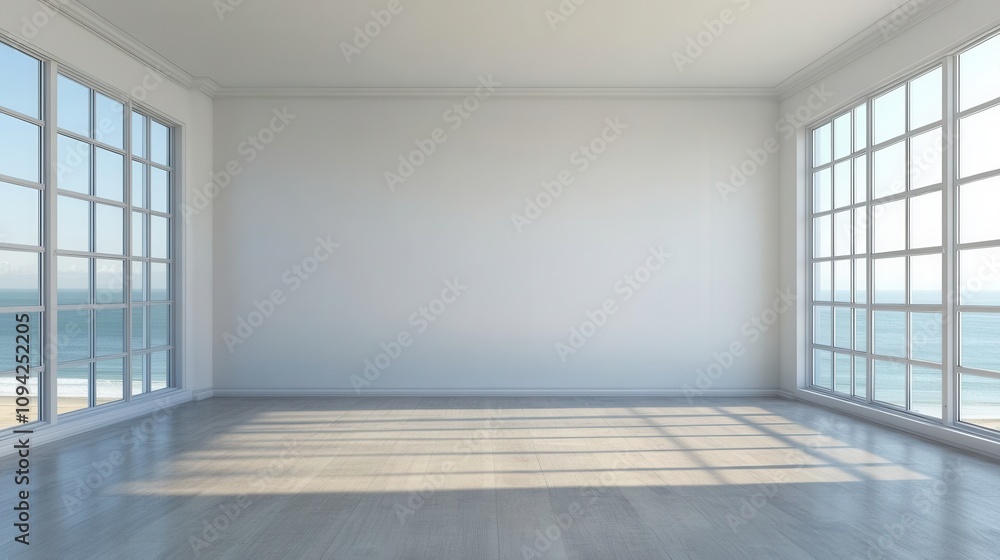 Obraz premium A spacious, empty room with large windows overlooking the ocean.