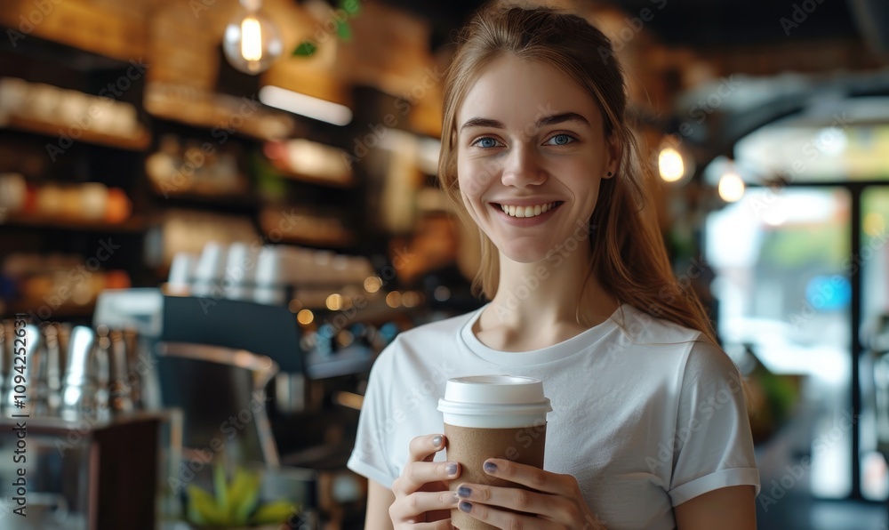 Caucasian Young Woman Smiling Holds Coffee Cup In Cafe Caucasian Young Woman Smiling Holds Coffee Cup In Cafe