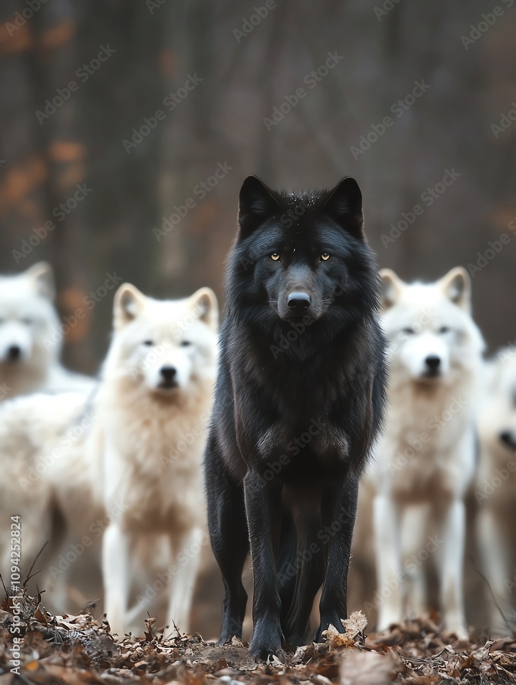 A striking pack of wolves, featuring a sleek black wolf in front of its majestic white companions in a forest backdrop. A striking pack of wolves, featuring a sleek black wolf in front of its majestic white companions in a forest backdrop.