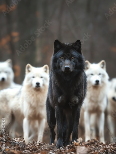 A striking pack of wolves, featuring a sleek black wolf in front of its majestic white companions in a forest backdrop. photo