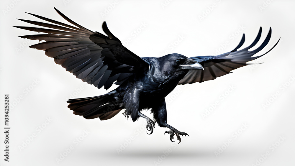 Fototapeta premium Realistic black raven in flight on transparent background