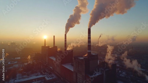 A city skyline with a large factory emitting smoke