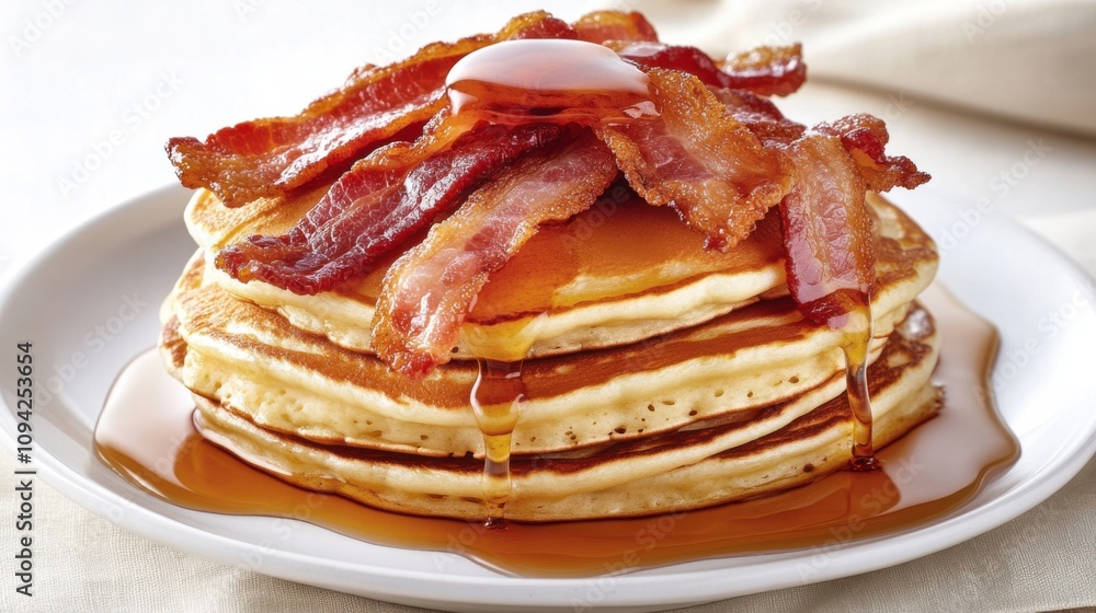 Fluffy Pancakes with Crispy Bacon and Maple Syrup A stack background Fluffy Pancakes with Crispy Bacon and Maple Syrup A stack background