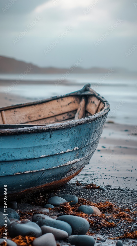 Obraz premium A serene close-up of a traditional Estonian fishing boat on the shore with gentle waves