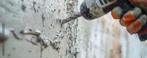 Close-up of drilling process in concrete surface.