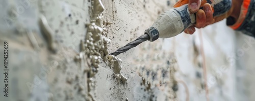Close-up of drilling process in concrete surface.
