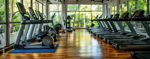 Spacious gym interior with various fitness machines.
