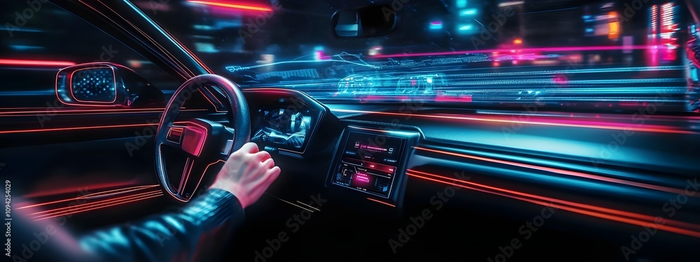 Futuristic Car Interior at Night with Neon Lights and Motion Blur Creating an Immersive Driving Experience in a High-Tech Environment Futuristic Car Interior at Night with Neon Lights and Motion Blur Creating an Immersive Driving Experience in a High-Tech Environment