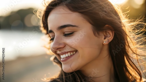 Joyful smile of a young woman by the water outdoor portrait natural light serene environment close-up view happiness concept