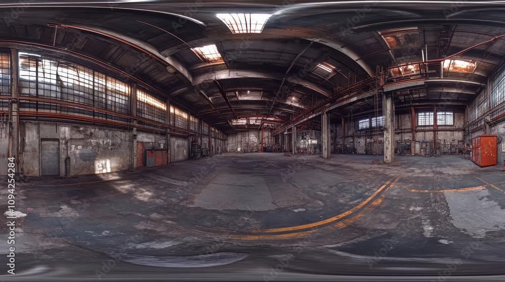 360 degree panorama view.A 3D rendering shows a dark, grungy industrial building interior. The image is a high-resolution, panoramic view. 360 degree panorama view.A 3D rendering shows a dark, grungy industrial building interior. The image is a high-resolution, panoramic view.