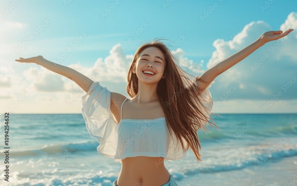 Happy Woman Embraces Ocean Breeze Feeling Free and Standing on a Beach with Her Arms Outstretched Happy Woman Embraces Ocean Breeze Feeling Free and Standing on a Beach with Her Arms Outstretched