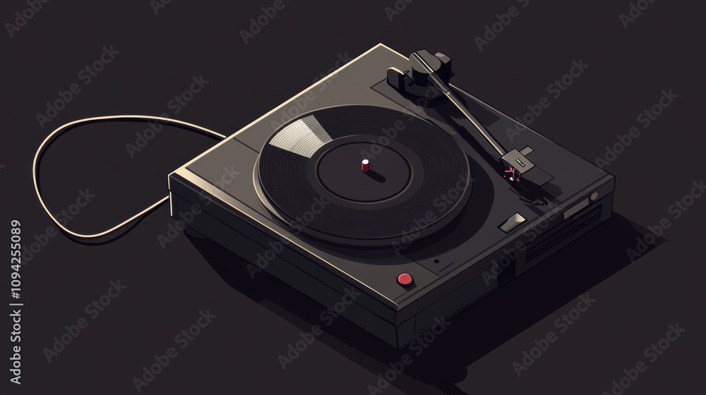 A record player sits on a black background, casting a long shadow. It's a vector image showing a tech-themed design. A record player sits on a black background, casting a long shadow. It's a vector image showing a tech-themed design.