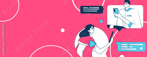 Virtual characters social communication concept business flat vector hand drawn illustration
