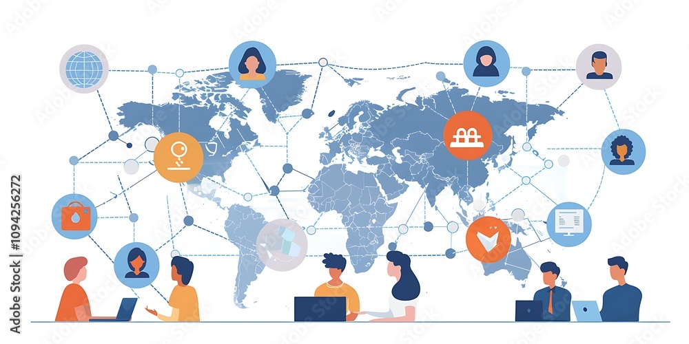 Global business structure of networking. Analysis and data exchange customer connection, HR recruitment and global outsourcing, Customer service, Teamwork, Strategy, Generative Ai Global business structure of networking. Analysis and data exchange customer connection, HR recruitment and global outsourcing, Customer service, Teamwork, Strategy, Generative Ai