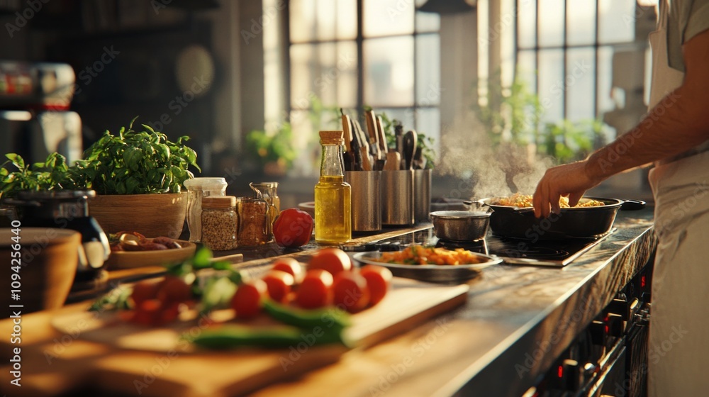 A man is cooking in a kitchen with a variety of vegetables and spices A man is cooking in a kitchen with a variety of vegetables and spices