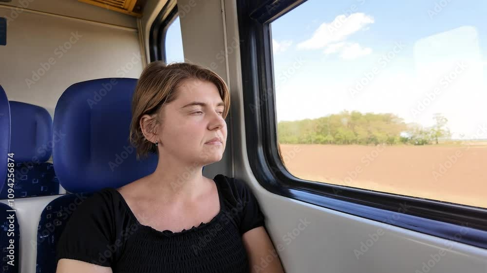 A Caucasian woman gazes thoughtfully out a train window, symbolizing travel and reflection A Caucasian woman gazes thoughtfully out a train window, symbolizing travel and reflection
