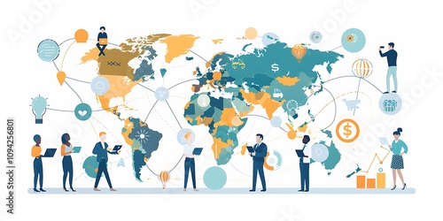 Global business networking framework encompassing analysis, data exchange, customer connections, HR recruitment, global outsourcing, customer service excellence, teamwork collaboration, 