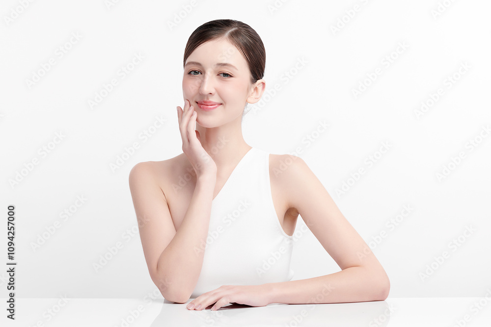 Beautiful young woman with clean fresh skin on white background, Face care, Facial treatment, Cosmetology, beauty and spa, women portrait. Beautiful young woman with clean fresh skin on white background, Face care, Facial treatment, Cosmetology, beauty and spa, women portrait.