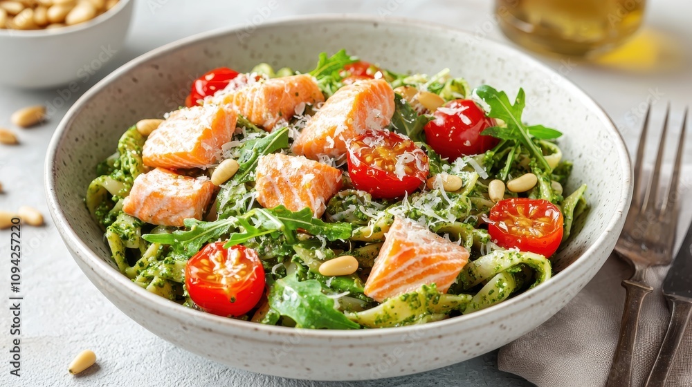 Omega-3 Rich Salmon and Arugula Pesto Pasta for Healthy Lunch Omega-3 Rich Salmon and Arugula Pesto Pasta for Healthy Lunch