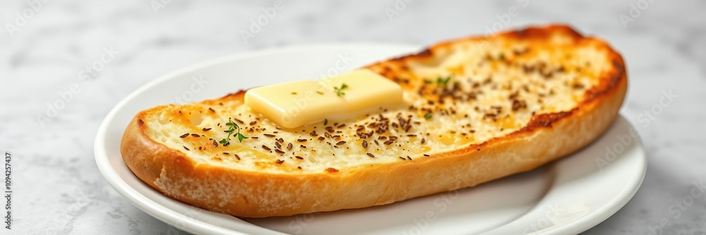 Freshly baked gaArtisanal garlic bread served on a plain white plate with a pat of butter, garlicky, homemade, soft Freshly baked gaArtisanal garlic bread served on a plain white plate with a pat of butter, garlicky, homemade, soft