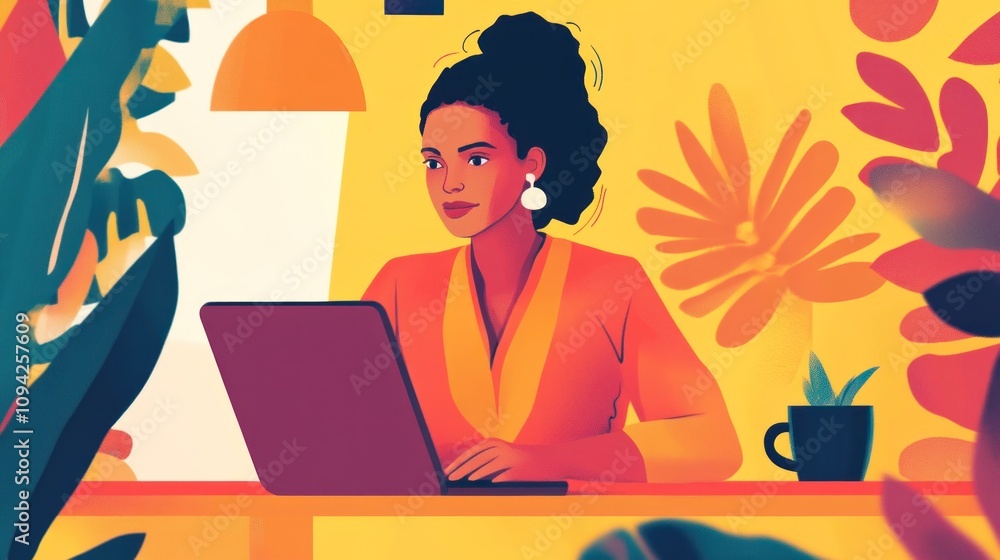 Woman Working on Laptop in Vibrant Office Woman Working on Laptop in Vibrant Office
