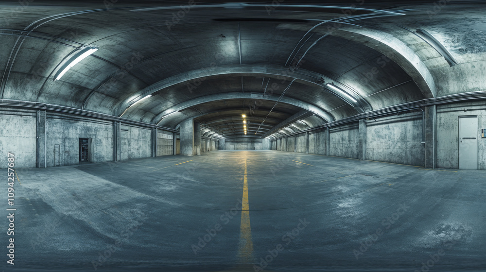 360 degree panorama view.A futuristic-looking warehouse, shown in a 3D rendering. It's made of concrete and metal, with modern lighting. 360 degree panorama view.A futuristic-looking warehouse, shown in a 3D rendering. It's made of concrete and metal, with modern lighting.