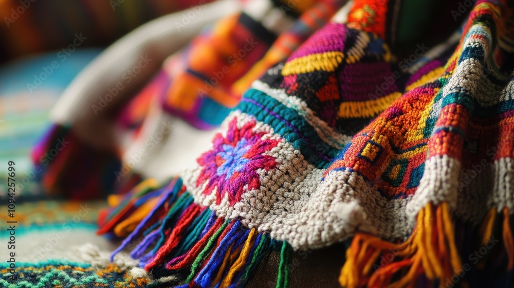 This traditional Argentine poncho showcases intricate designs and vibrant colors This traditional Argentine poncho showcases intricate designs and vibrant colors