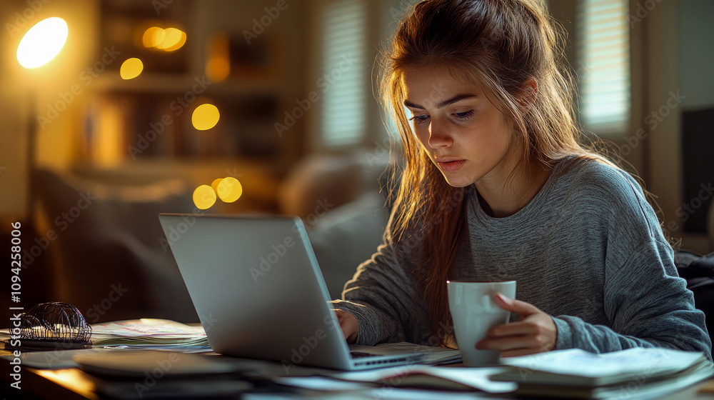 A young woman is attentively working on a laptop while sipping from a cup in a warm, softly lit room filled with books and personal items A young woman is attentively working on a laptop while sipping from a cup in a warm, softly lit room filled with books and personal items