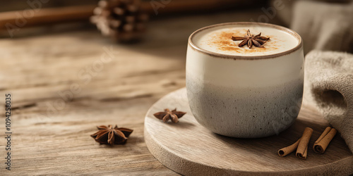 Warm chai latte with cinnamon and star anise on rustic wooden table