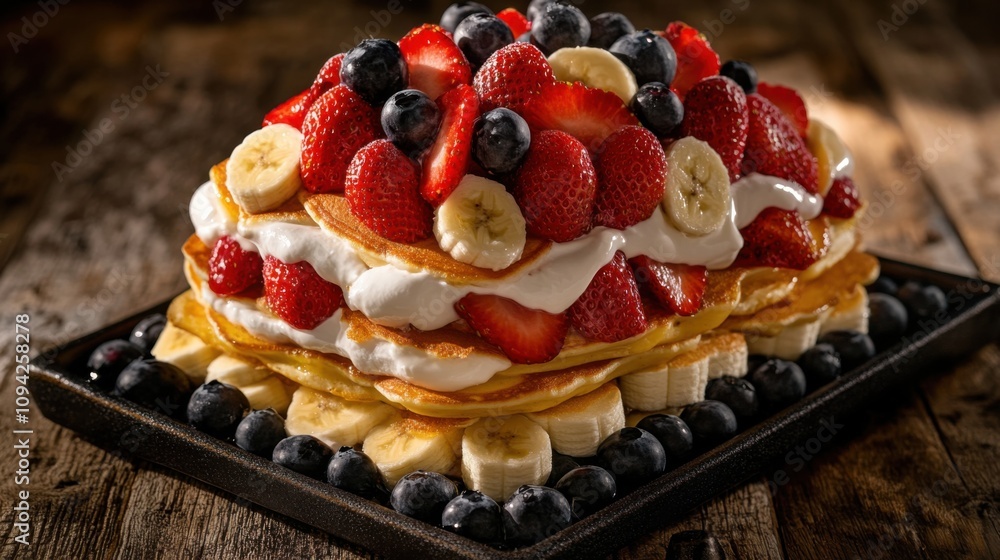 Pancake Stack with Fresh Fruit and Yogurt Drizzle A stack background Pancake Stack with Fresh Fruit and Yogurt Drizzle A stack background