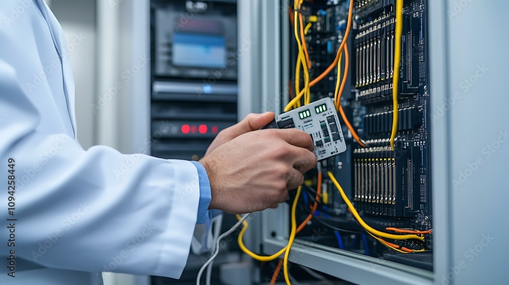 Realistic logo design featuring the arms of a doctor in a white coat, using a multimeter to check the circuits of a computer motherboard. In the background, a faint, realistic image of a multimeter Realistic logo design featuring the arms of a doctor in a white coat, using a multimeter to check the circuits of a computer motherboard. In the background, a faint, realistic image of a multimeter