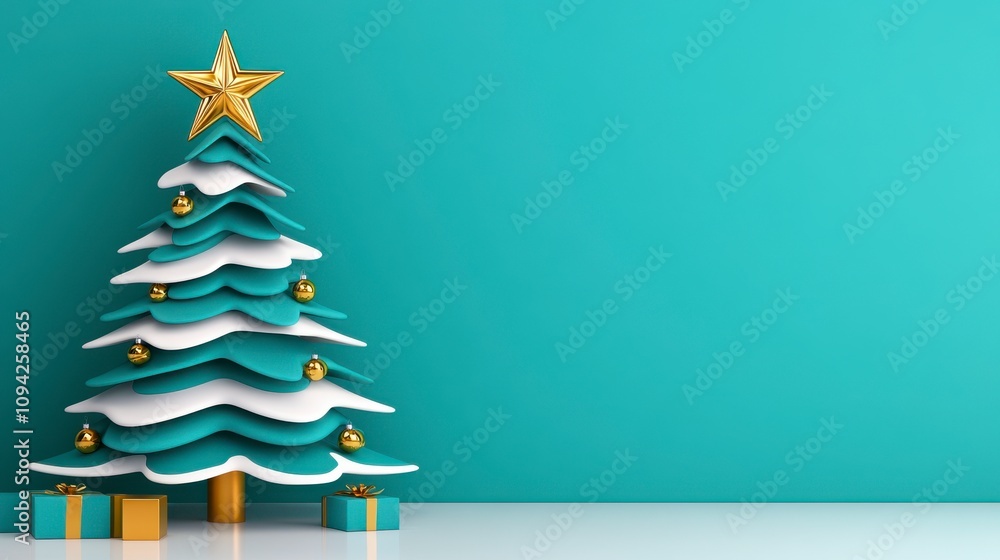 A modern, stylized Christmas tree with teal and white layered design and gold ornaments. A modern, stylized Christmas tree with teal and white layered design and gold ornaments.