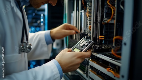 Realistic logo design featuring the arms of a doctor in a white coat, using a multimeter to check the circuits of a computer motherboard. In the background, a faint, realistic image of a multimeter