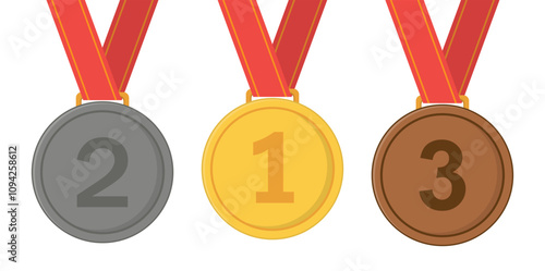 Gold, silver and bronze medals with ribbons. Vector illustration.