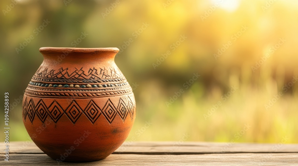 Hand-carved clay pot motifs displayed beautifully on a wooden table Hand-carved clay pot motifs displayed beautifully on a wooden table