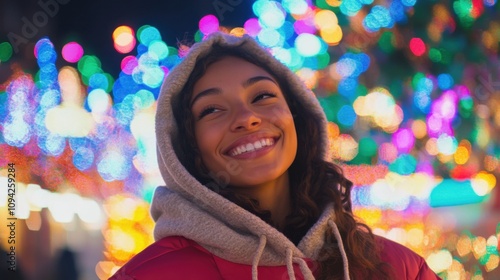 Smiling Woman in Festival Hoodie and Lights A young woman background