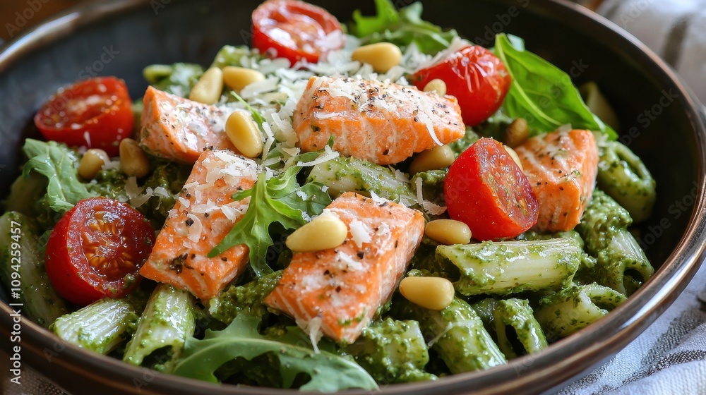 Omega-3 Rich Salmon and Arugula Pesto Pasta for Healthy Lunch Omega-3 Rich Salmon and Arugula Pesto Pasta for Healthy Lunch