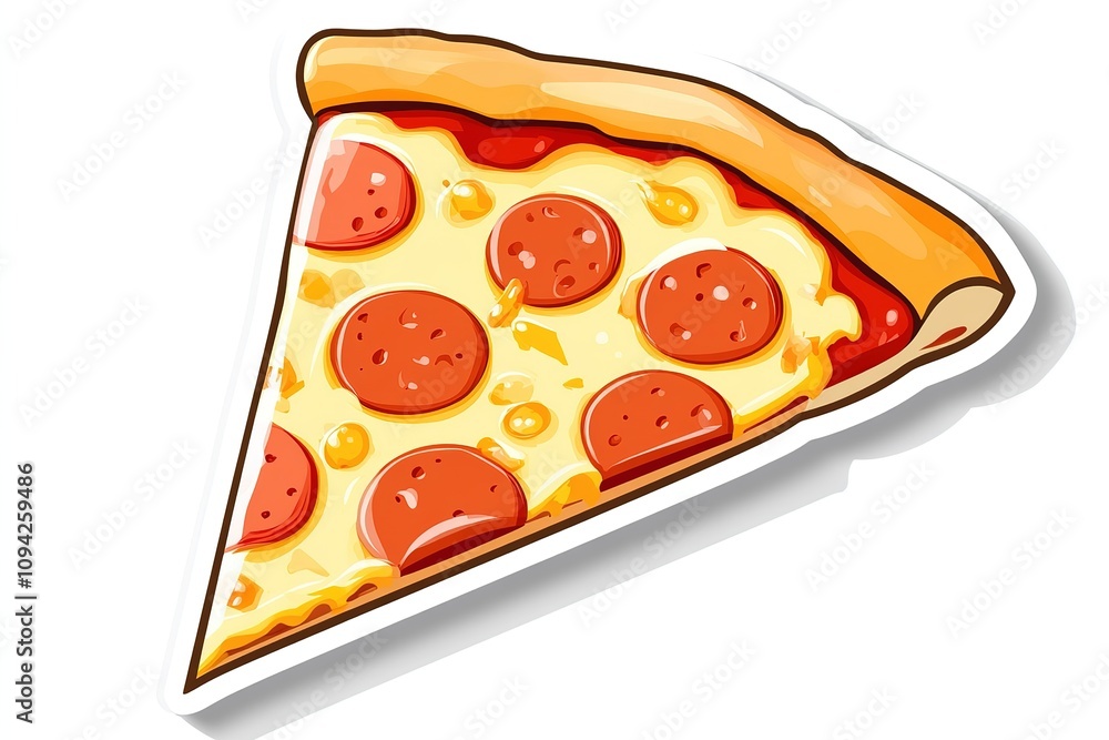Sticker graphic and illustration with slice of pizza for abstract comic pepperoni and cheese. Emoji, icon and cartoon of fast food for logo, animation. white background, illustration Sticker graphic and illustration with slice of pizza for abstract comic pepperoni and cheese. Emoji, icon and cartoon of fast food for logo, animation. white background, illustration