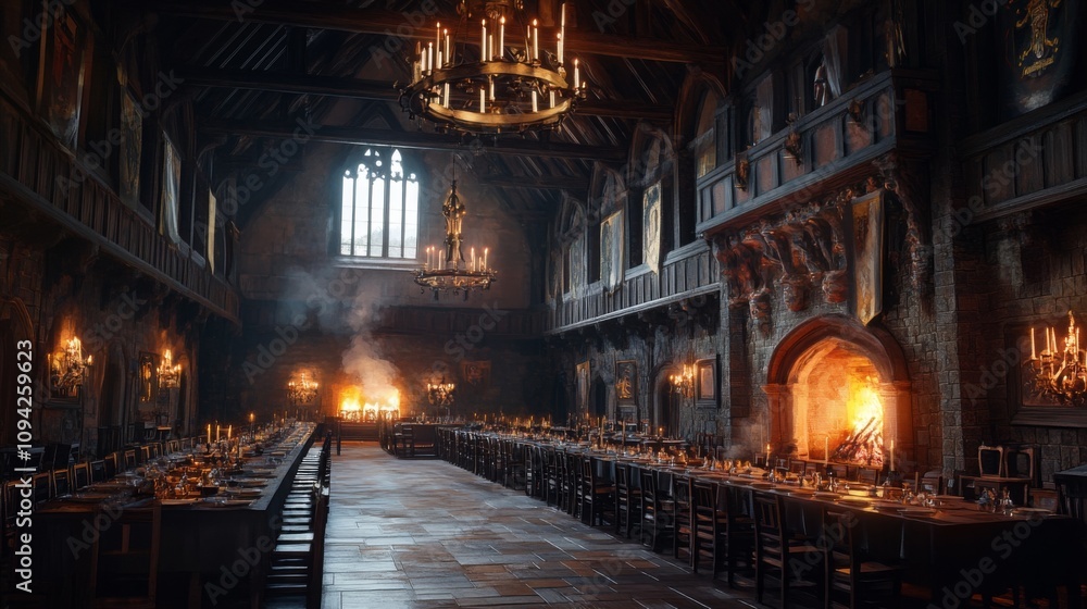 A majestic medieval dining hall filled with atmosphere. Soft light filters through large windows. A warm fire crackles in the fireplace. Generative AI A majestic medieval dining hall filled with atmosphere. Soft light filters through large windows. A warm fire crackles in the fireplace. Generative AI