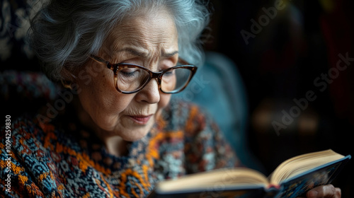 An elderly woman with glasses is deeply focused on reading a book in her cozy home atmosphere, bathed in soft afternoon light