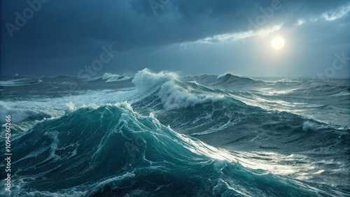 An unsettled ocean with choppy waves and strong currents illuminated by a bright light source, water, movement, ocean, aquatic